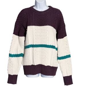 Vintage Cape Isle Knitters Cotton Cable Sweater Size M Purple Teal Stripe Preppy